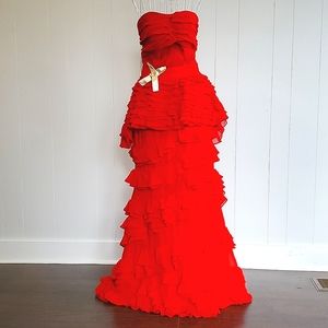 Red Evening Gown Layered Red Peplum Mermaid Skirt Maxi Length